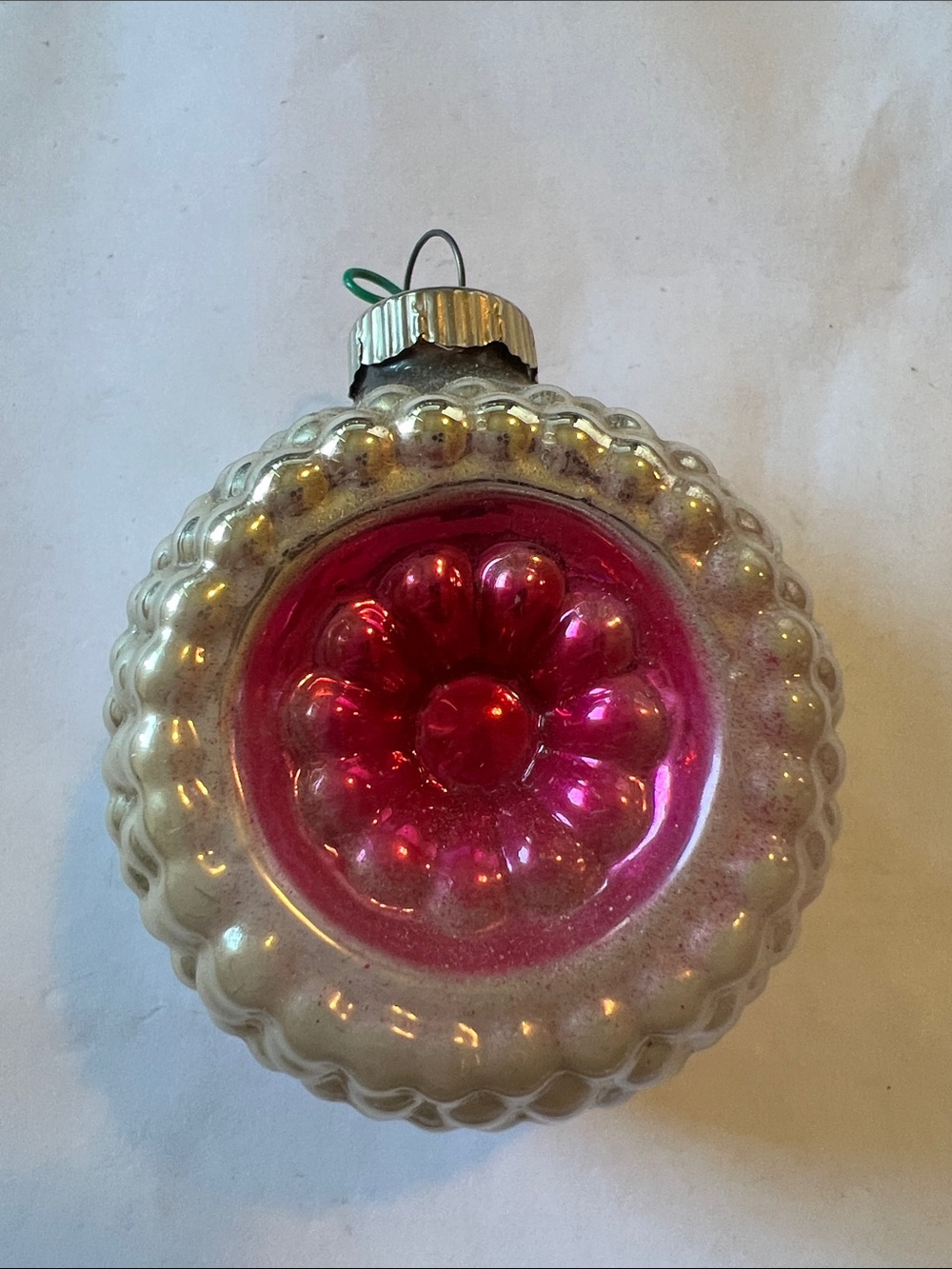 Vintage Shiny Brite Christmas Tree Ornament Pink Bumpy Glass Double Indent